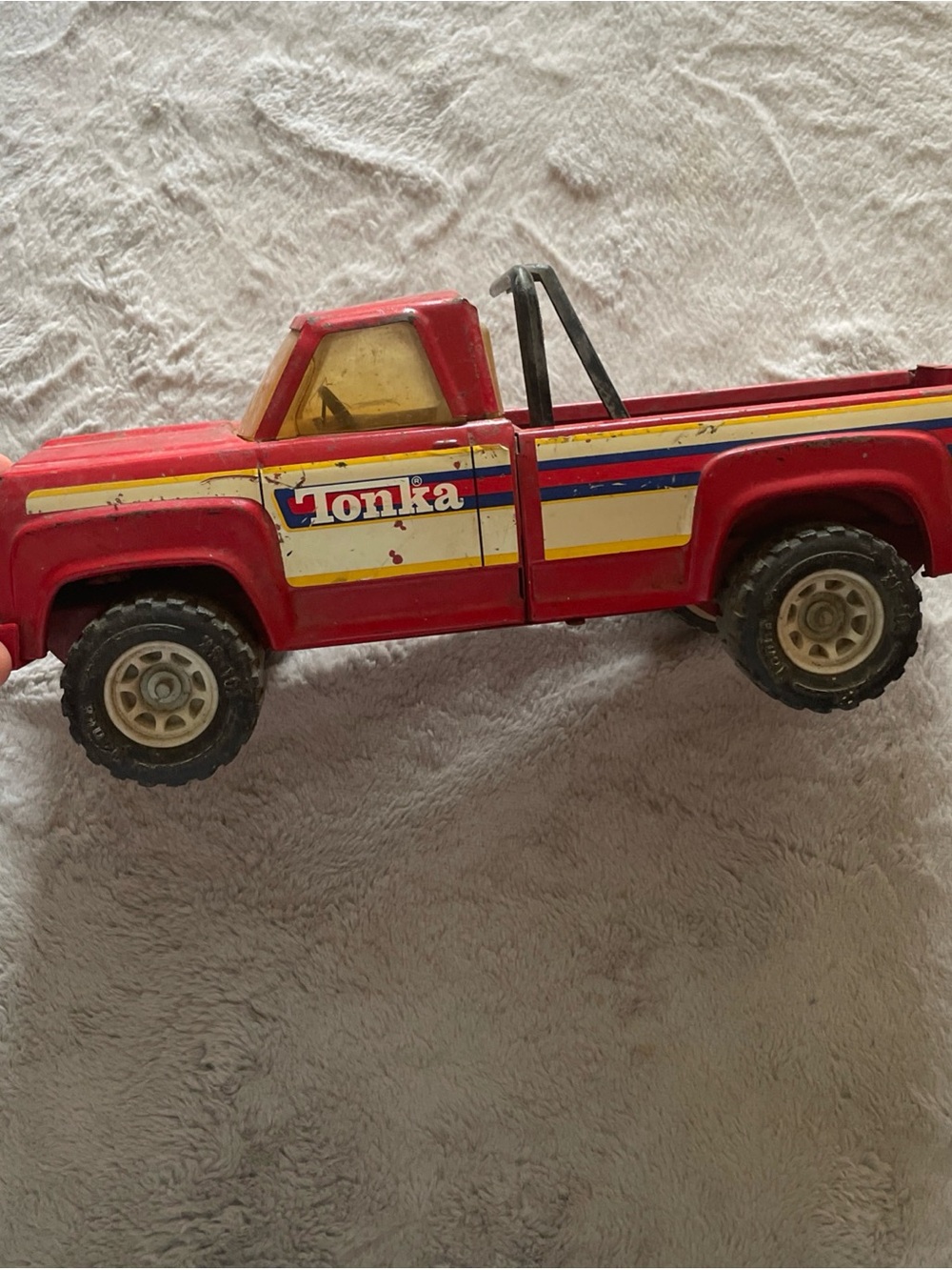 1970’s Tonka Red Pickup Truck with Yellow & Blue Stripe Accents